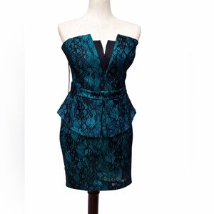 Lipsy Teal and Black Strapless Lace Dress